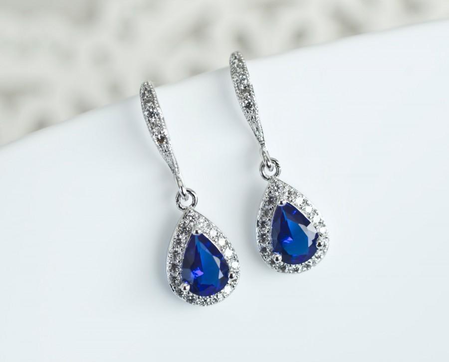 Wedding - Blue Sapphire Earrings, Bridal Earrings, Bridesmaids Earrings, Wedding Blue Sapphire Bridal Earrings, Cubic Zirconia Blue Sapphire Earrings