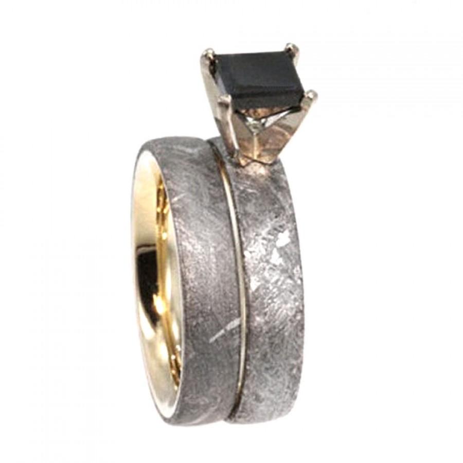 زفاف - Princess Cut Black Diamond Engagement Ring With Wedding Band, 14k Yellow Gold Rings, Meteorite Engagement Ring Set