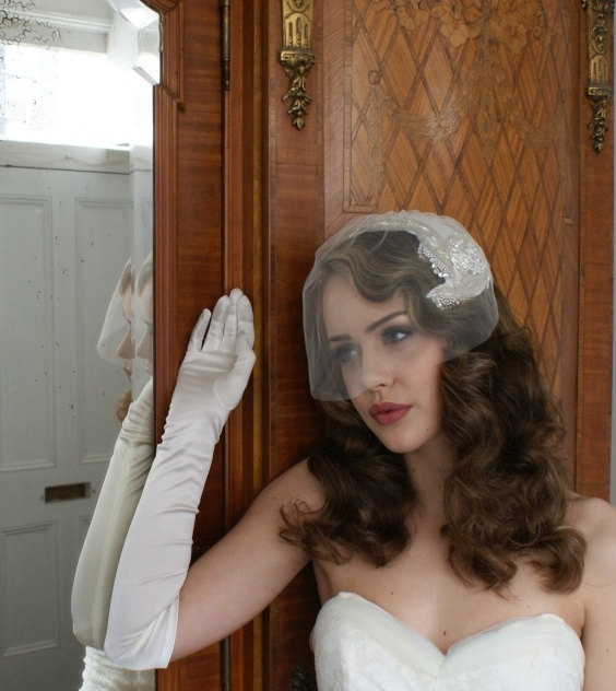 Свадьба - Bridal headpiece and tulle blusher veil, Art Deco Style, Silver Screen Goddess, white, ivory,champagne,pink.
