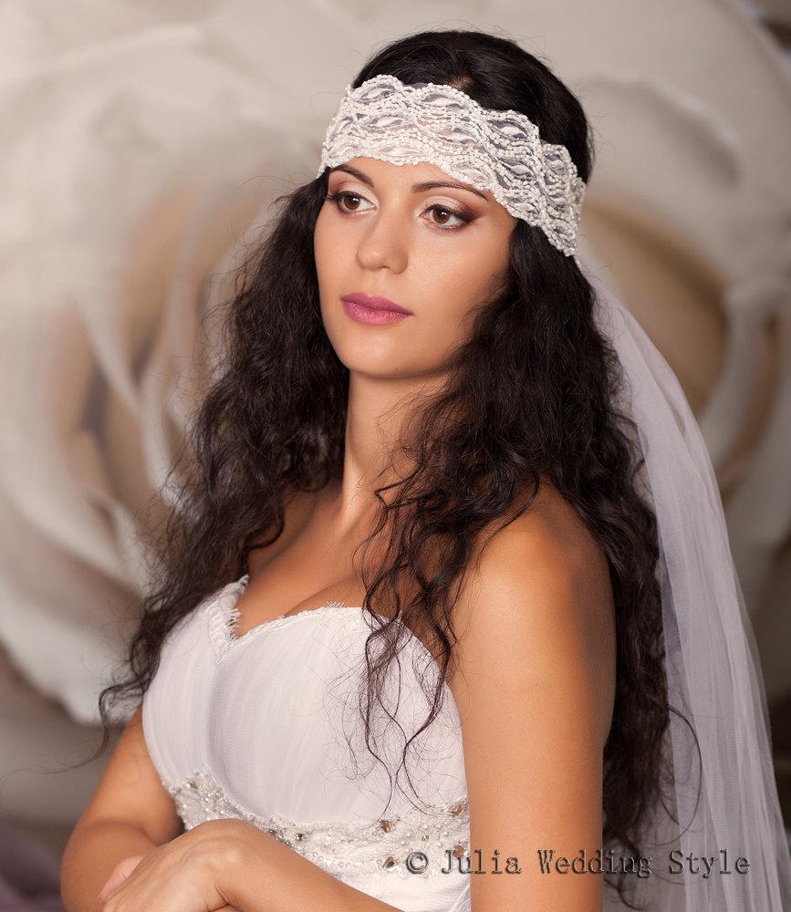 Hochzeit - Bridal headpiece, Boho bridal headpiece, Crystal & pearl rhinestone with tied tulle detail, White headband