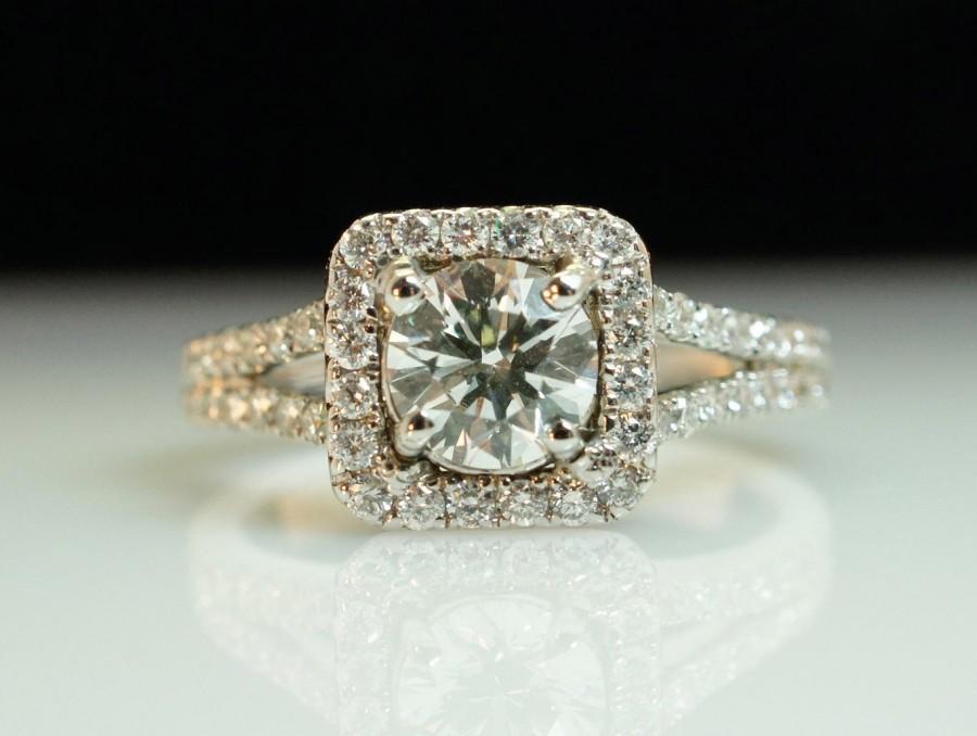 Hochzeit - Square Diamond Halo Engagement Ring Split Shank 1.52CTW Round Brilliant Cut Diamond 18k White Gold Ring Simple Diamond Engagement Ring