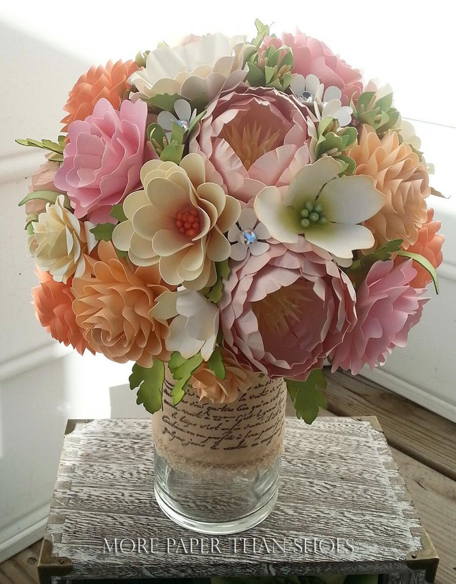 Mariage - Paper Bouquet - Paper Flower Bouquet - Wedding Bouquet - Shades of Peach and Pink with Country White - Custom Made - Any Color