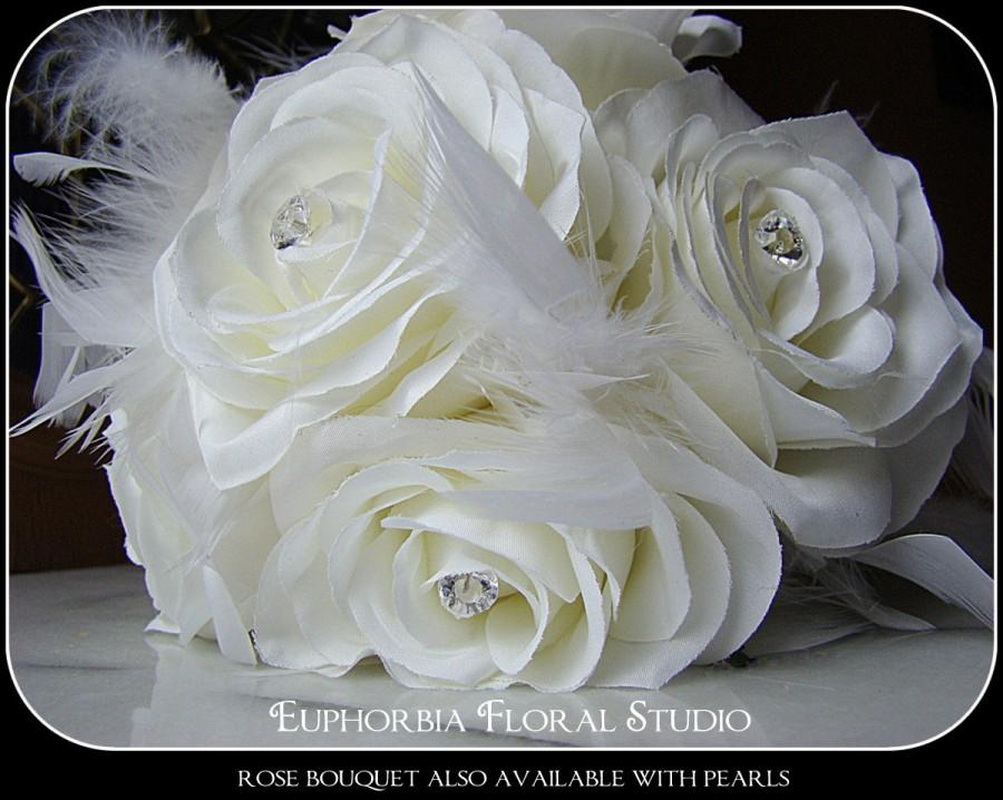 Hochzeit - Silk Bridesmaid's Bouquet, Rose and Feather Bridesmaids Bouquet.Bouquet with Rinestones  Pearls, Wedding Bouquet,  Bouquet, Feather Bouquet