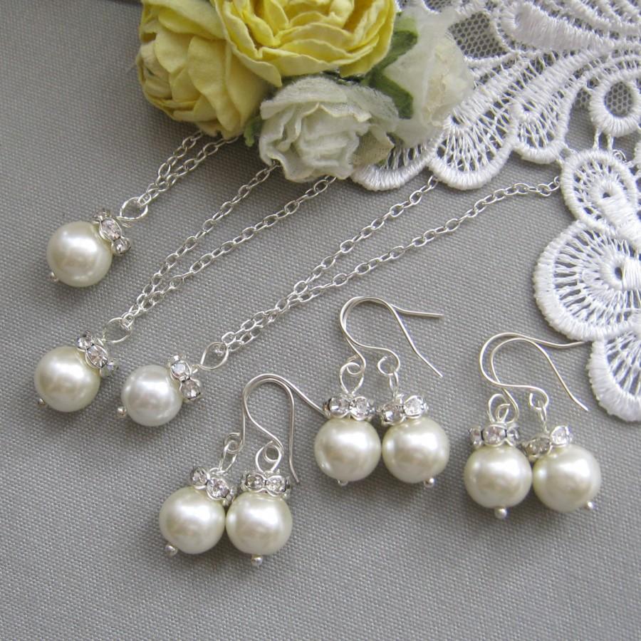 Hochzeit - SET of 5 Rhinestone pearl necklace and earing SET, bridesmaids necklace, wedding jewelry - W003S (Choose your pearl colour)