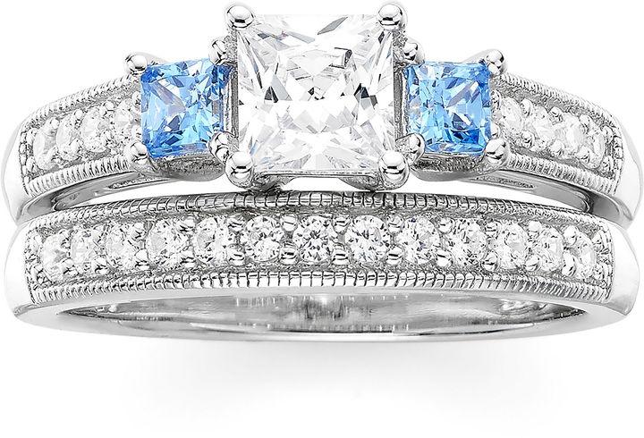 Mariage - FINE JEWELRY DiamonArt White and Blue Cubic Zirconia Sterling Silver 3-Stone Princess-Cut Bridal Ring Set