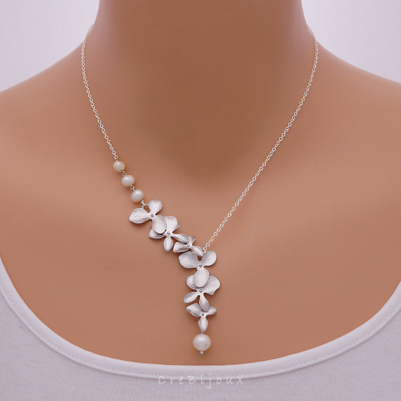 Mariage - Pearls and Orchid Necklace, Sterling Silver Chain / N134S