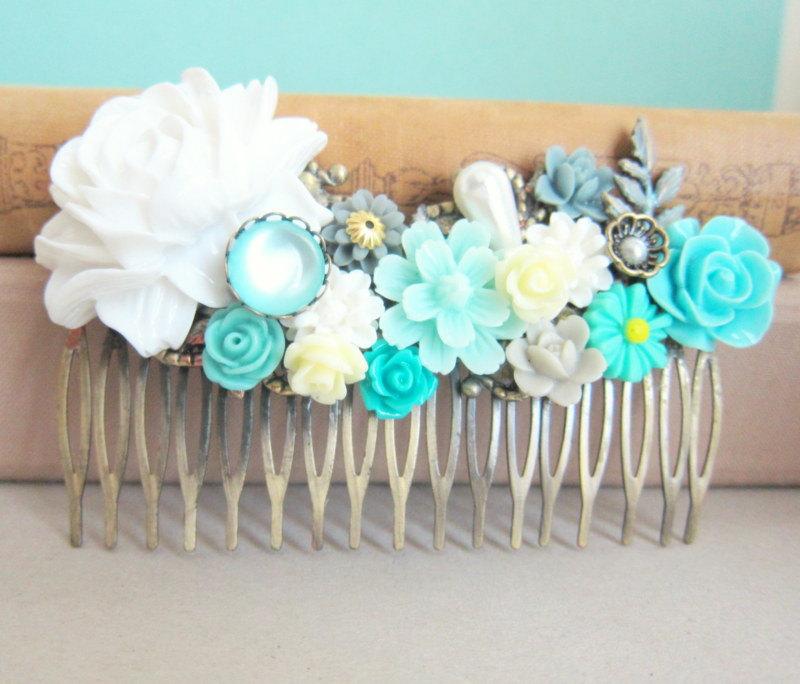 Hochzeit - Wedding Hair Comb Turquoise Teal Green Bridal Flower Comb Floral Head Piece Aqua Bridesmaid Gift Hair Pin For Brides Ivory Cream Spring