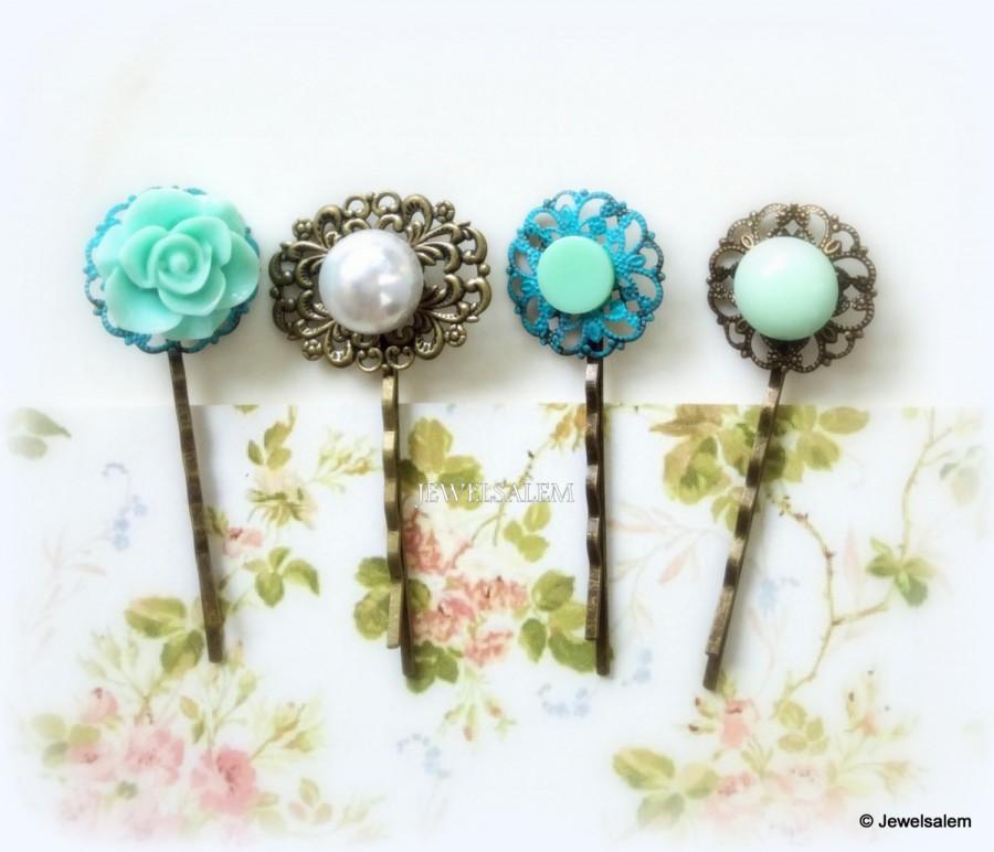 Mariage - Flower Hair Pins Flower Bobby Pins Mint Seafoam Floral Pearl Hair Pins Turquoise Wedding Hair Accessories Bridal Hair Pin Set