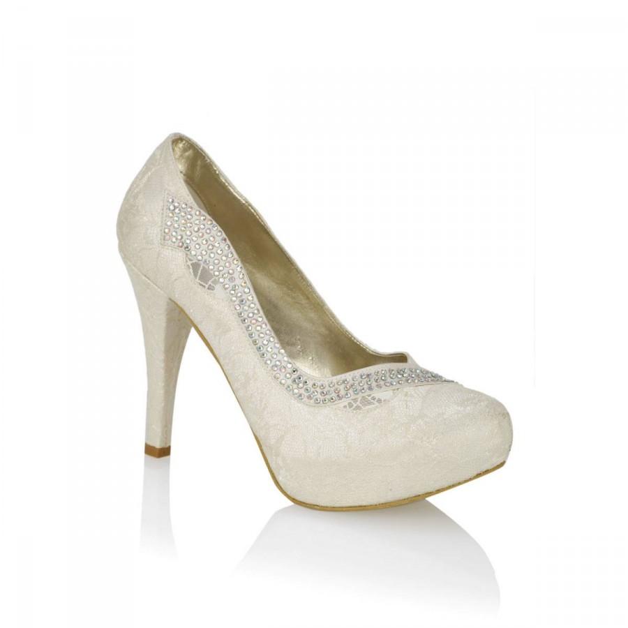 زفاف - Wedding shoes, Lace and stones wedding ivory shoes  #8616