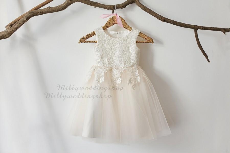 Hochzeit - Ivory Lace Champagne Tulle Flower Girl Dress Wedding Bridesmaid Dress