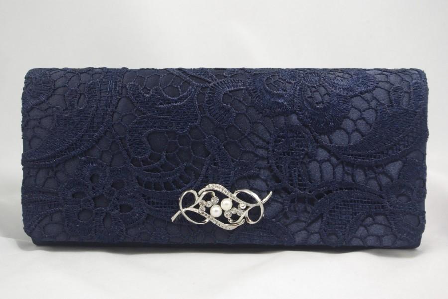 Mariage - Navy Blue Wedding Clutch Purse, Blue Lace Evening Clutch, Navy Blue Personalized Clutch, Bridesmaid Gift, Vintage Inspired Lace Bridal Purse