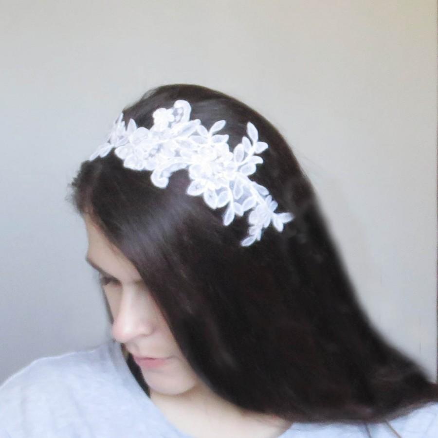 Mariage - White beaded lace headband/ wedding headband/ bridal hair accessories for brides/ on a metal headband/ white lace applique