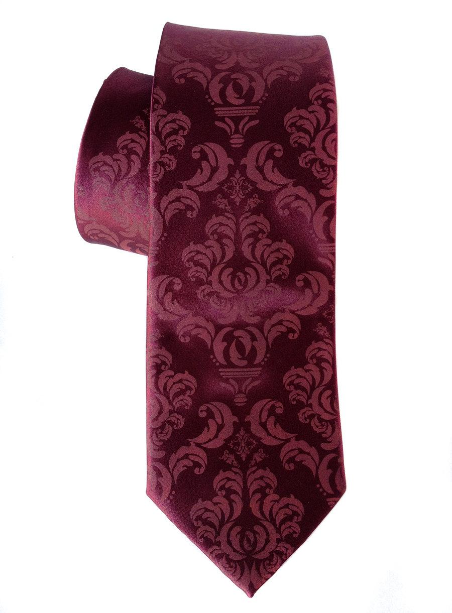 Wedding - Damask necktie. Marsala Spiced Wine silk tie, raspberry print. Silkscreened men's wedding tie. 100% silk, choose standard or narrow width.