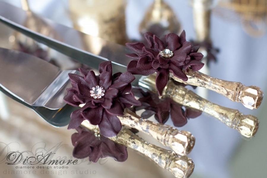 زفاف - Gold & burgundy  Wedding SET/  Wedding cake server and knife /wedding glasses /