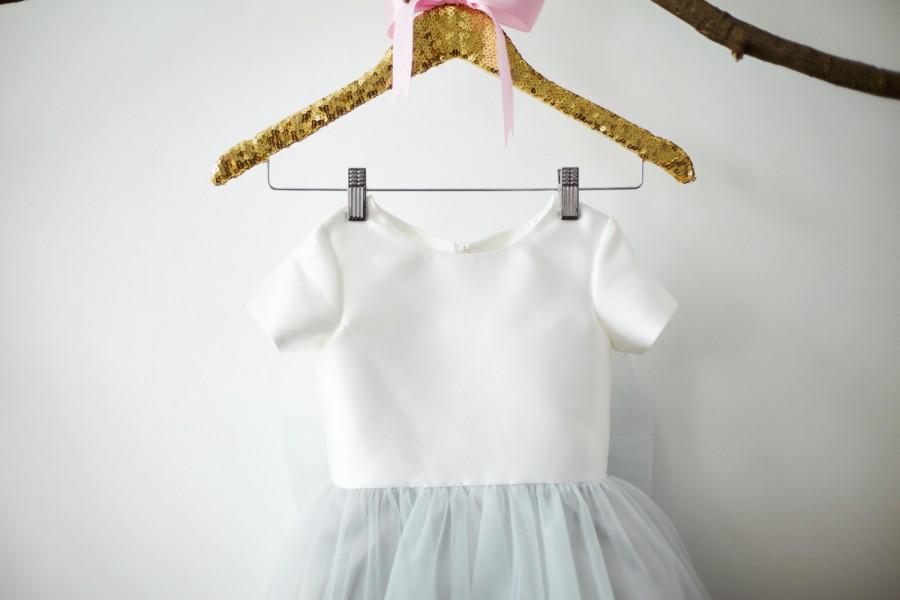 Свадьба - Short Sleeves Ivory Satin Silver Gray Tulle Flower Girl Dress Junior Bridesmaid Wedding Party Dress with big bow