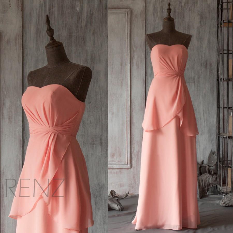 زفاف - 2015 Coral Bridesmaid dress, Long Wedding dress, Asymmetric Party dress, Strapless Formal dress, Elegant dress floor length (F127)