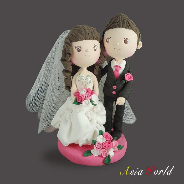 Wedding - Wedding Cake Topper clay, Fuschia pink wedding clay dolls, Engagement party decoration