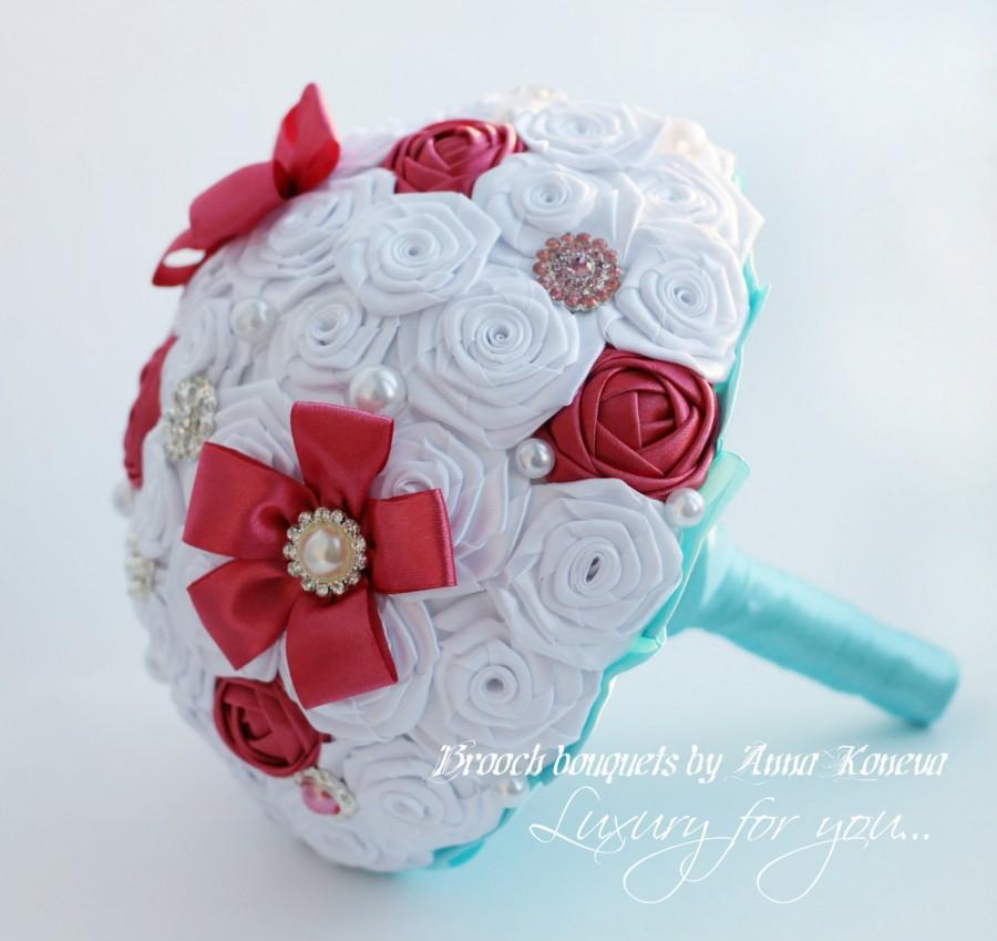 Wedding - Coral brooch bouquet Bridal bouquet Turquoise bridal broach bouquet Beach wedding bouquet White bridal flower  Bridesmaids maid of honor