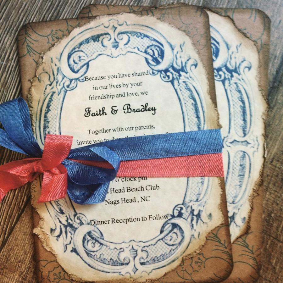 Mariage - Rustic Coral Wedding invitation-Boho Wedding Invitation- Coral and Navy Vintage invitation-Romantic Wedding Invitation-Classic Wedding