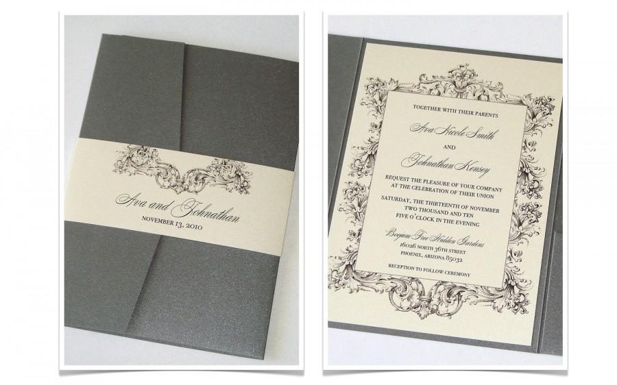 Wedding - Ava Pocket fold Vintage Wedding Invitation Sample - Ivory, Creme and Pewter Grey