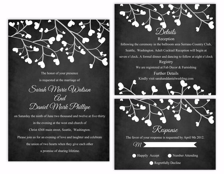 Hochzeit - Printable Chalkboard Wedding Invitation Suite Printable Invitation Heart Invitation Download Invitation Edited jpeg file