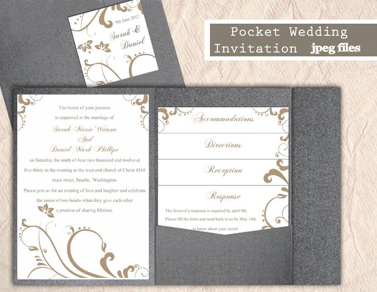 Hochzeit - Printable Pocket Wedding Invitation Printable Invitation Gold Wedding Invitation Floral Invitation Download Invitation Edited jpeg file