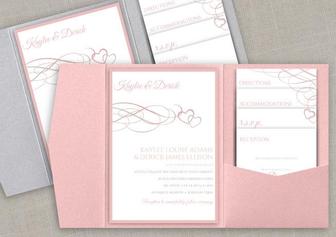 Hochzeit - DiY Pocket Wedding Invitation Set - Instant DOWNLOAD - EDITABLE TEXT - Beloved Hearts (Vintage Pink & Gray)  - Microsoft® Word Format