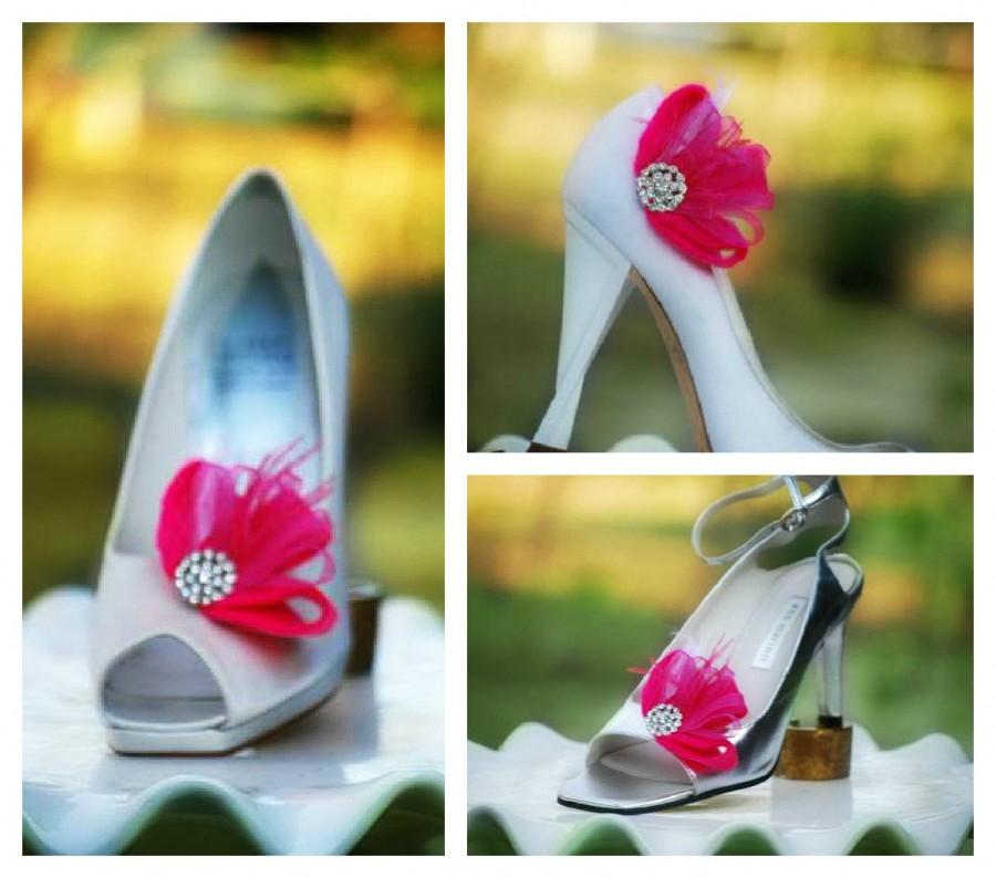 زفاف - Shoe Clips Hot Pink / Black / Ivory / White Loops & Ostrich Feathers. Handmade Bride Bridal Bridesmaid Gift, Couture Preppy Summer Birthday