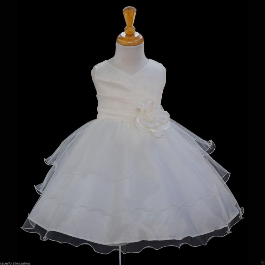 Hochzeit - Ivory Flower Girl Tea- Length dress tie sash pageant wedding bridal recital children tulle bridesmaid toddler sizes 12-18m 2 4 6 8 10  