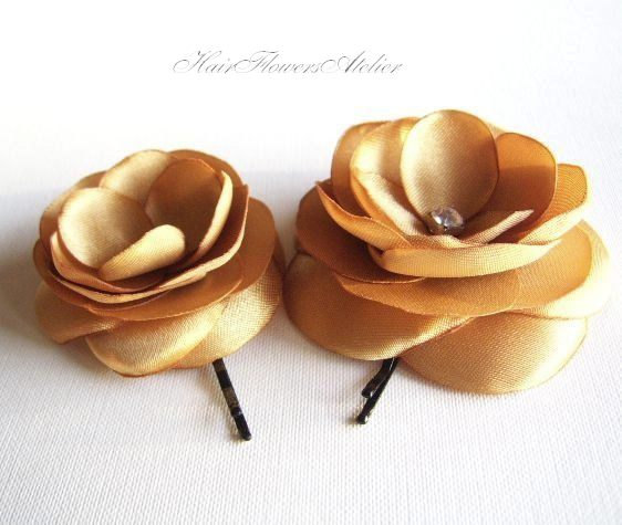 Mariage - Gold Hair Flowers Gold Hair Clips Golden Bridal Hair Clips Rhinestones Gold Head Piece Gold Bobby Pins - set of 2