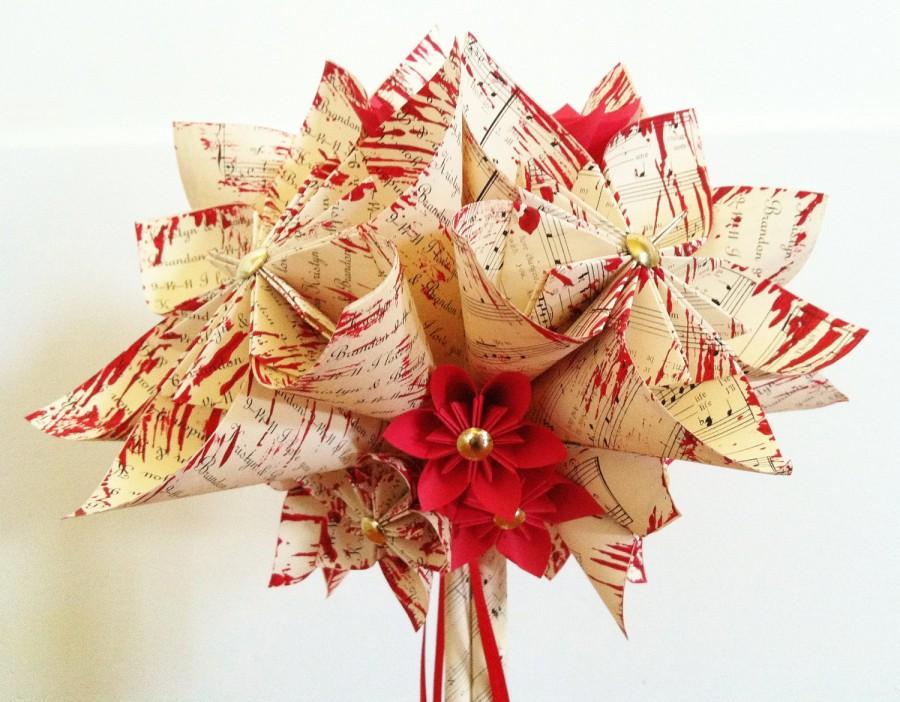 زفاف - Love Music Anniversary Bouquet- 10 inch, 18 flowers, made to order, personalized, origami wedding, gift, bride, first anniversary