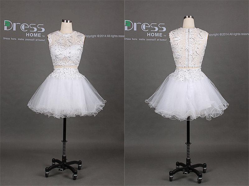Hochzeit - 2014 White Round Neck Beading Lace Puffy Mini Short Homecoming Dress/Sexy Hollow Short Prom Dress/Ball Gown Cocktail Dress DH226