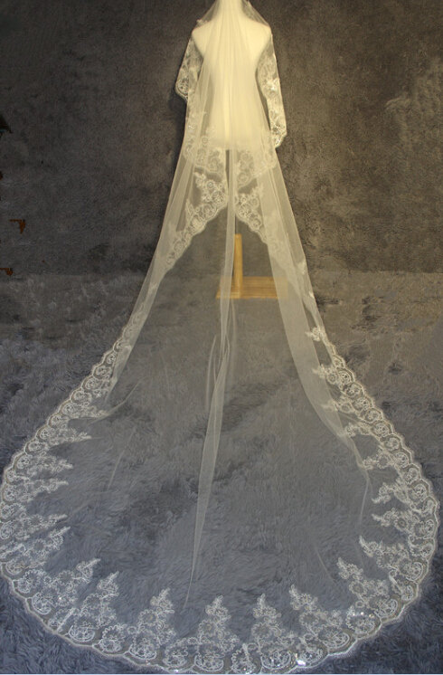 زفاف - Luxurious cathedral veil, 4m wedding veil, lace veil, sequined lace veil, white ivory chapel veil, the bride  accessories