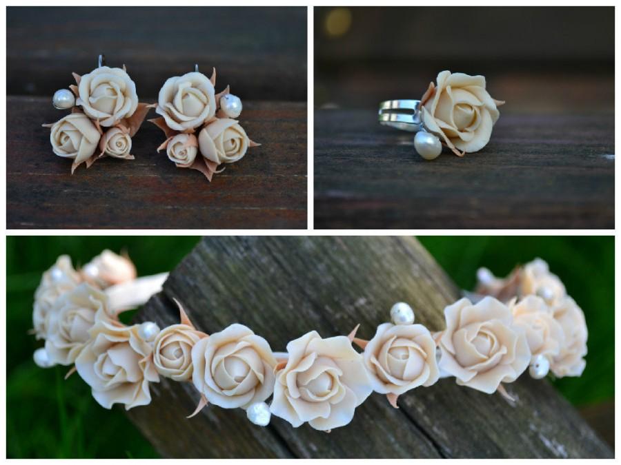 زفاف - Wedding flower set. Ivory roses wedding headband earrings ring. Ivory hear crown