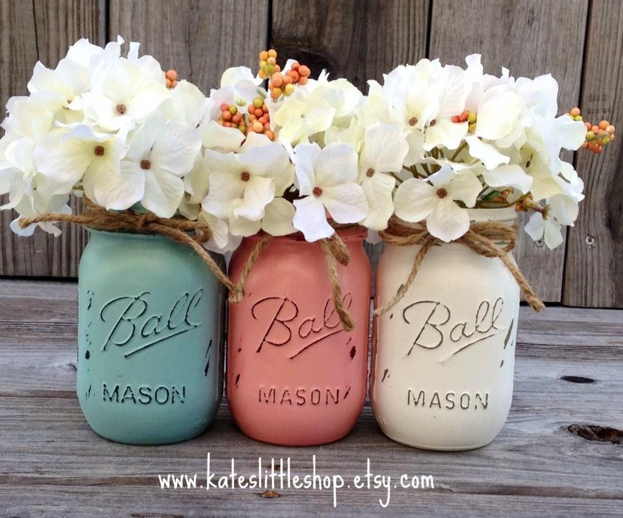 Wedding - Painted Mason Jars. Vase. Vintage looking Painted Mason Jars. Pink/White/Shabby Blue. Painted Mason Jars. Wedding Decor. Country Decor.