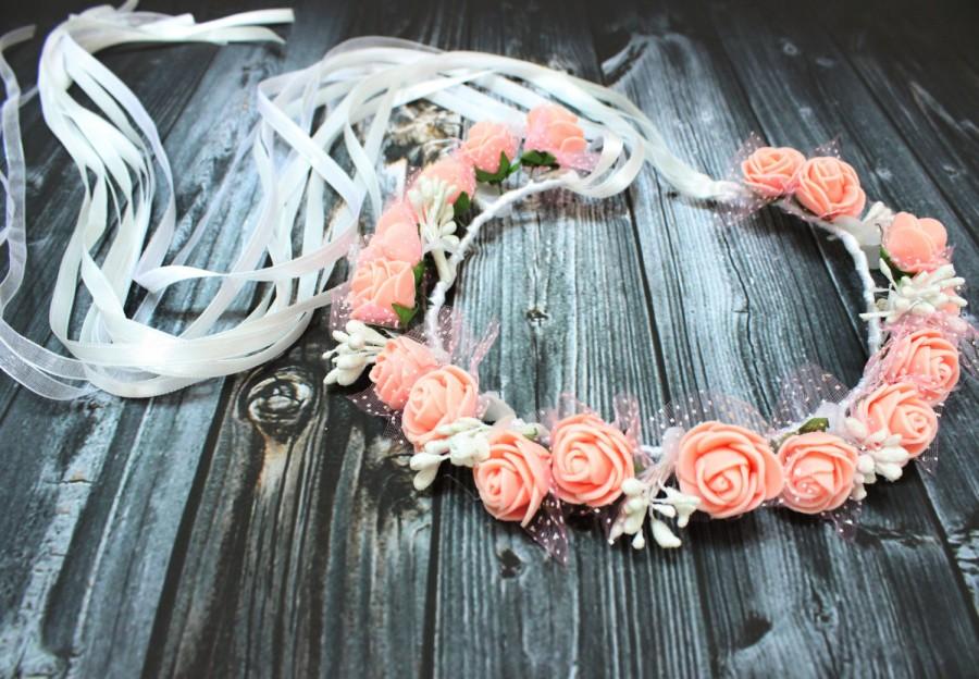 Mariage - Flower girl crown, Romantic Peach Rose Boho Headband, Bridal Floral Crown Flower, Flower Headband, Long ribbon crown, Hippie, bohemian