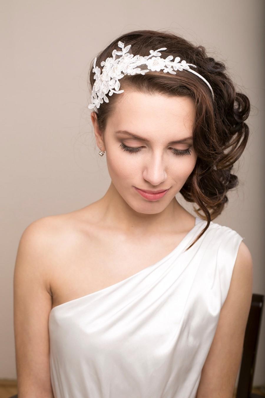 Hochzeit - Bridal lace headband with Swarovski pearls, lace headpiece