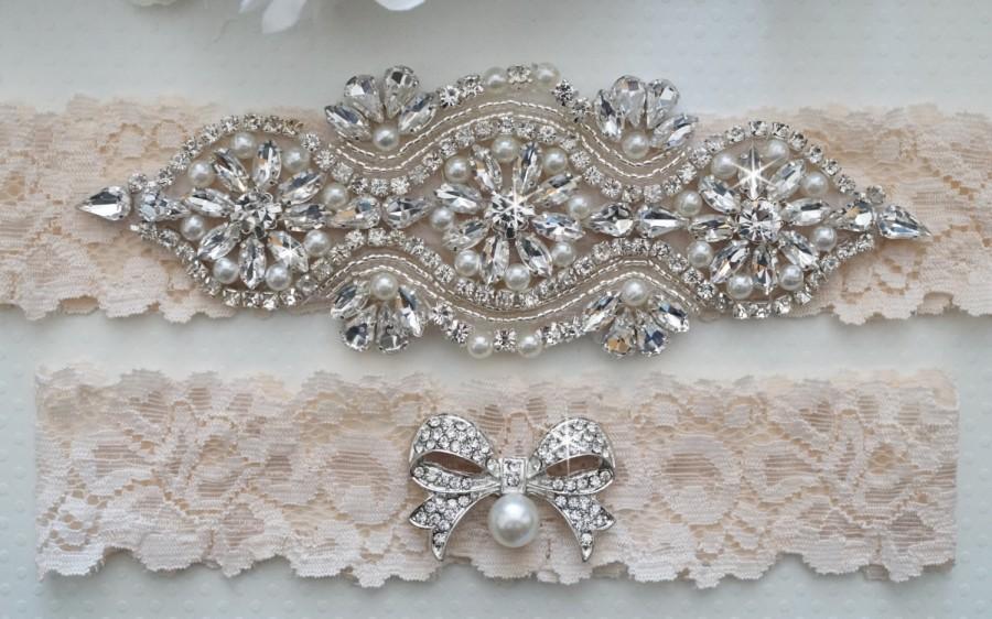 Hochzeit - Wedding Garter Set, Pearl and Rhinestone Garter Set, Ivory Lace Garter Set - Style L250