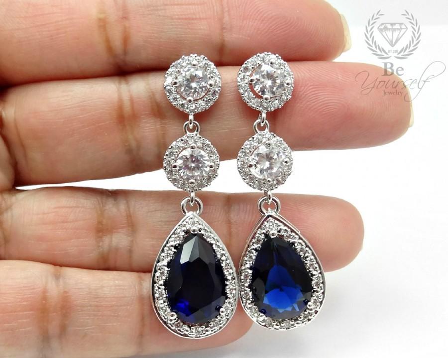 زفاف - Sapphire Bridal Earrings Navy Blue Teardrop Bride Earrings White Crystal Wedding Jewelry Cubic Zirconia Bridesmaid Earrings Something Blue