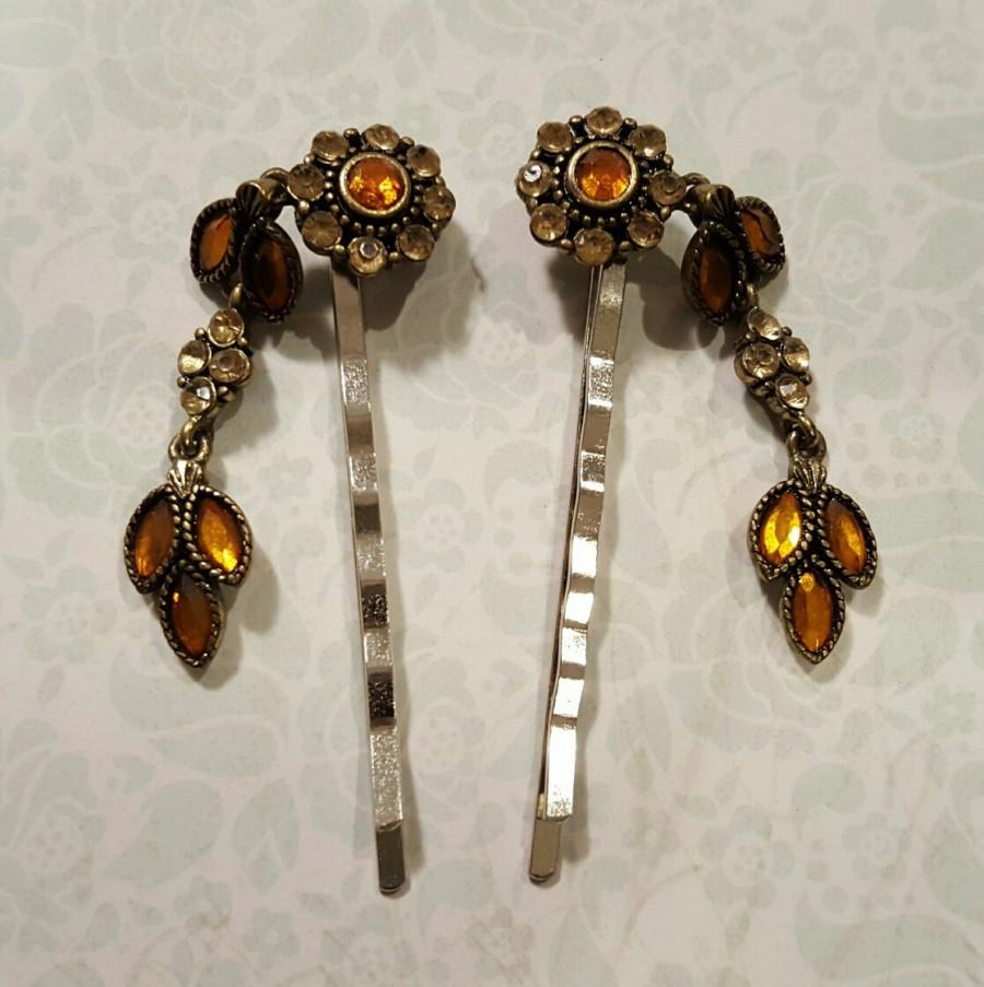 زفاف - Amber Dangle Hairpin, Repurposed Vintage Earrings, Rhinestones