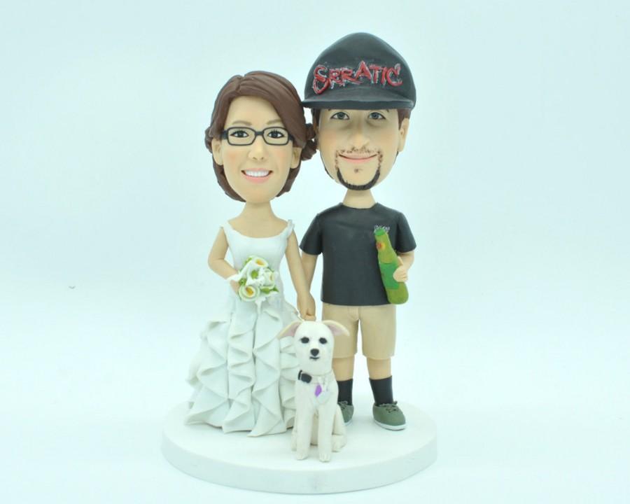 Wedding - Custom wedding cake topper with dogs, personalized cake topper, Bride and groom cake topper, Mr and Mrs cake topper