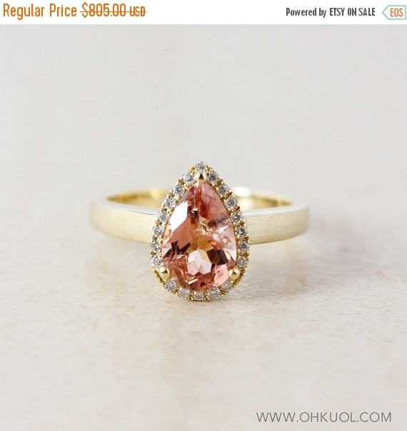 زفاف - VALENTINES DAY SALE Champagne Pink Tourmaline and Diamond Engagement Ring - Halo - 10K Yellow Gold