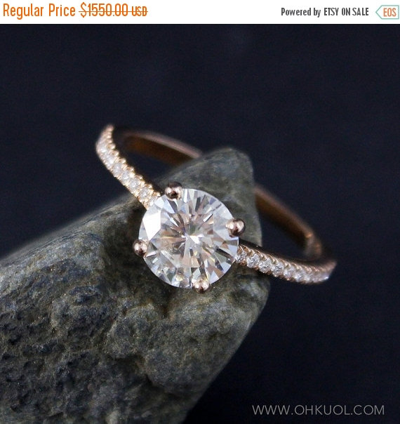 Wedding - VALENTINES DAY SALE Forever Brilliant Moissanite Solitaire Engagement Ring – Half Eternity Micro Pave Diamond Band
