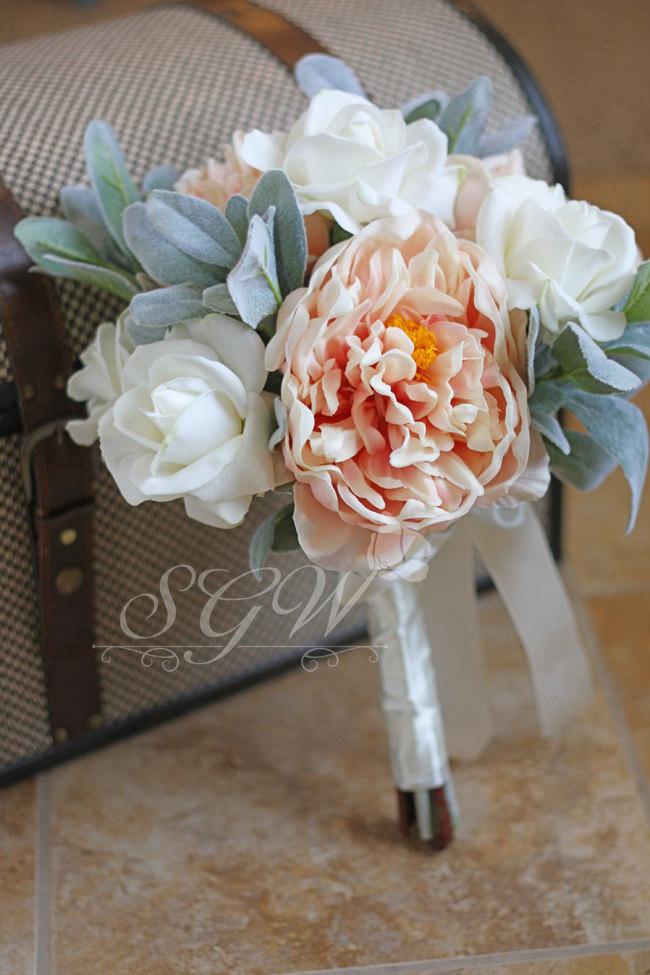 زفاف - MADE TO ORDER - Blush Peony and White Roses Real Touch Wedding Bouquet - Blush White and Sage