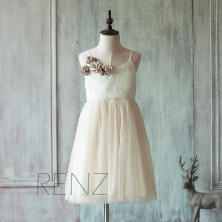 Wedding - 2015 Junior Bridesmaid dress, Spaghetti Strap Flower Girl dress Champagne, Wedding dress, Formal dress Rosette dress knee length (HK113)