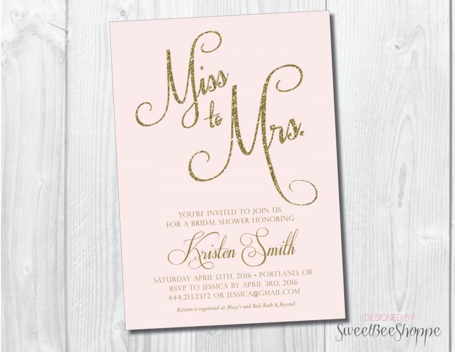 Hochzeit - Bridal Shower Invitation, Bridal Shower Invite, Miss to Mrs. Wedding Shower Invitation, Printable, Gold or Silver Glitter, Blush Pink, Mint