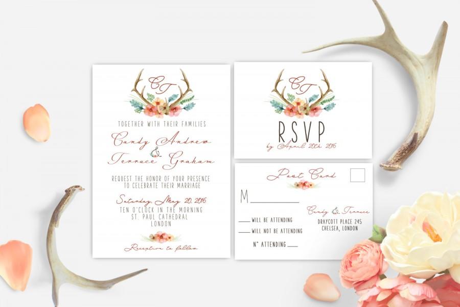 Hochzeit - Printable wedding invitation antler watercolor, Woodland Wedding Invitation, Antlers rustic Invitation,  Rustic wedding invitation