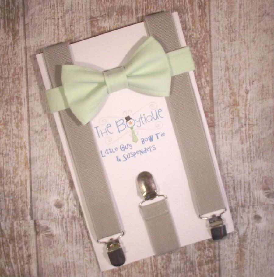 Свадьба - Mint Bow Tie and Suspenders: Mint Bow Tie and Grey Suspenders, Toddler Suspenders, Baby Suspenders, Wedding, Ring Bearer