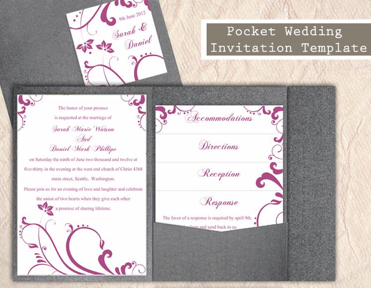 Hochzeit - Pocket Wedding Invitation Template Set DIY EDITABLE Word File Download Eggplant Invitation Purple Invitation Elegant Printable Floral Invite
