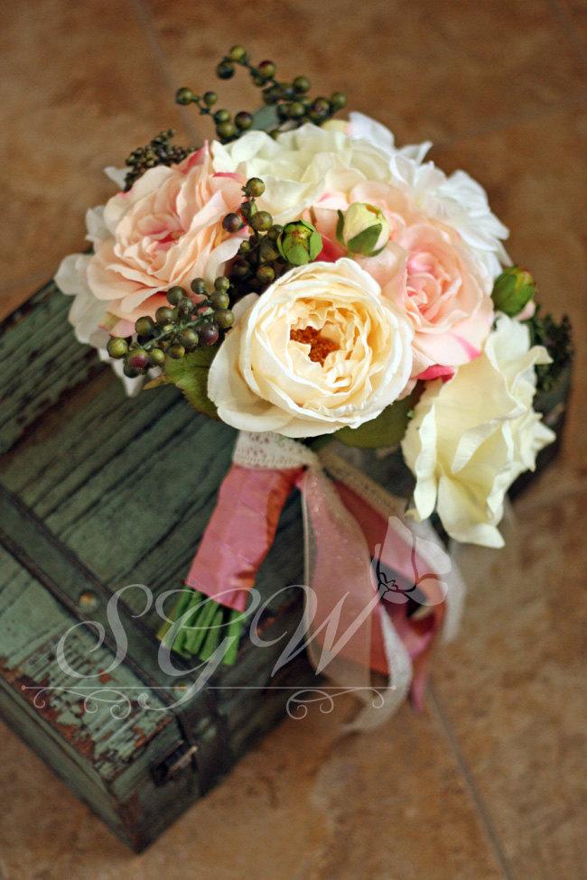 Wedding - Rustic Chic Pink Vintage Style Wedding Bouquet